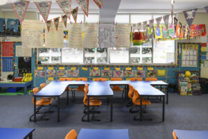 Empty Classroom With School Work And Bunting
